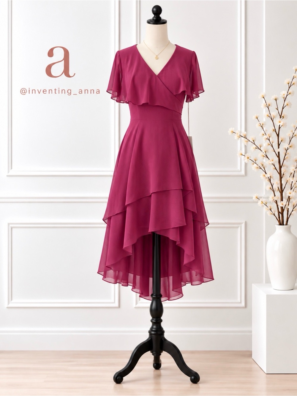 JJ’s House Burgundy High-Low Chiffon Dress Flutter Sleeve Layered Hem